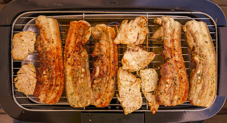 Top view at delicious grilled meat, ready to eat, tasty bbq prepareted.