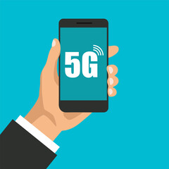 Smartphone with high speed 5g technology. Hand holds phone with internet signal symbol on a display. Vector illustration.