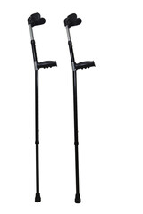 Two crutches parallel to the vertical. A pair of adjustable crutches with under-elbow support....