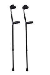 Two crutches parallel to the vertical. A pair of adjustable crutches with under-elbow support. Medical supplies, rehabilitation. Close-up. Isolated objects on a white background.