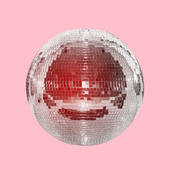 Mirror ball on a pink background with a red tint. Concept of entertainment, party and night life....