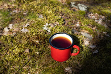 Obraz premium Metal vintage red mug on moss in forest. Black tea in red cup.