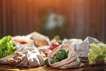 set of reusable and zero waste cotton shopping bags for food