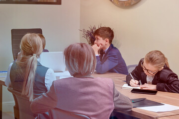 Fototapeta premium Early morning planning business people conference concept. Sun glare.