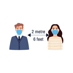 Social distancing icon. Flat people girl and man portraits wearing surgical face mask keep distance 2 meter 6 feet. Health protection concept. Epidemic pandemic prevention. Medical vector illustration