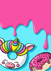 Glazed cute doughnut animal. Donuts card with glaze and bite, eaten chocolate icing fritters or caramel circle doughnuts