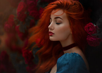 Portrait of a red haired girl in blue dress. Pretty young model between red roses, wind in the...