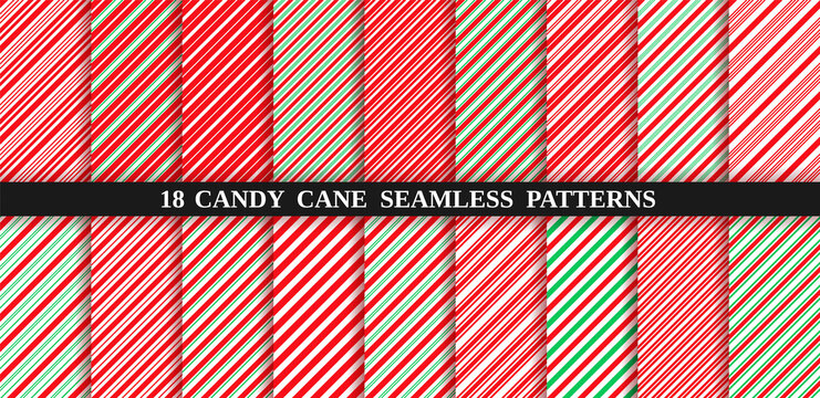 Candy Cane Stripe Seamless Pattern. Vector. Christmas Candycane Background. Set Of Red And Green Holiday Textures. Wrapping Paper. Peppermint Caramel Diagonal Print. Classic Winter Illustration.