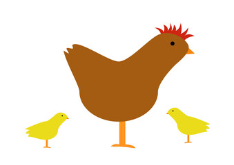 Brown hen with a red comb. Small beautiful chicken. Hen with chickens around. Children's illustration, drawing.