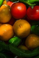 Some oranges, tomatoes, and peppers in a basin with water and disinfectant.