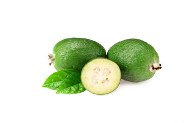 Tropical fruit feijoa with slices isolated on white background. Acca sellowiana