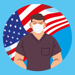 Man doctor with medical mask and usa fag vector design