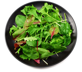 Mix of different salads on black plate isolated on white background. top view