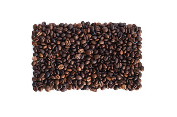 coffee beans lie in the shape of a rectangle on a white background, top view