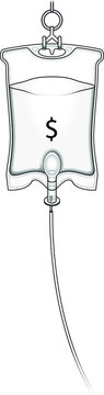 An intravenous IV drip fluid bag filled with clear liquid, a drip line and hook. Labelled with a dollar sign. Concept: financial injection.