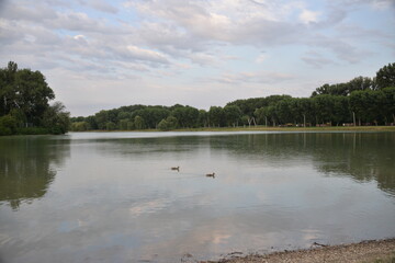 beautiful lake at sunset, the rays of the sun paint the water and small waves in gold, red, orange