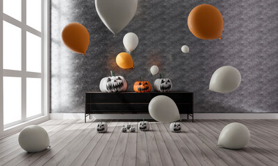 3D illustration of living room Halloween decoration. Pumpkins and b
