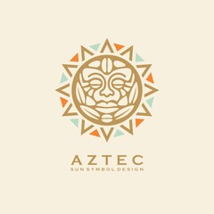 Aztec tribal sun symbol with human face. Vector logo or tattoo design with Mayan civilization sign. Vintage ornament.  - obrazy, fototapety, plakaty