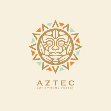 Aztec tribal sun symbol with human face. Vector logo or tattoo design with Mayan civilization sign. Vintage ornament. 