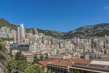Naklejka premium Panoramic view on excellent residential buildings and marina in Monte Carlo, Monaco. Principality of Monaco is a sovereign city state, located on the French Riviera in Western Europe.