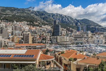 Panoramic view on excellent residential buildings and marina in Monte Carlo, Monaco. Principality of Monaco is a sovereign city state, located on the French Riviera in Western Europe.