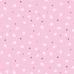 White roses and burgundy dots on pink seamless vector pattern. DEcorative surface print design for fabrics, stationery, backgrounds, cards, wrapping paper, and packaging.