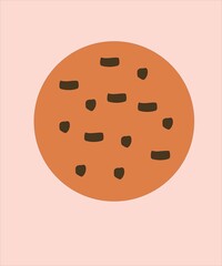 A simple, cartoon like chocolate chip cookie against a rose tinted background. A vector for dessert, baking, treats, or snacks.