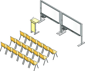 Chairs, lectern and screen setup for a presentation, lecture or seminar. With two whiteboards.