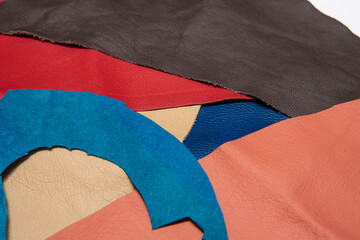 Leather scraps and samples of different colors and textures