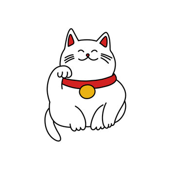 maneki neko doodle icon, vector color illustration
