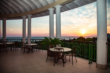 beautiful sunset, summer on the black sea, view from the summer cafe