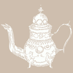 Hand drawn tea kettle illustration in engraving style for menu or cafe.Vector Arab coffee pot. Antique Arabian teapot. Hand drawn outline doodle illustration. Arabic vintage style