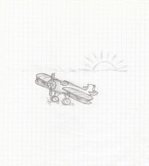 Little airplane drawn on squared notebook sheet, hand drawn pencil sketch illustration. Cartoon biplane with the sun © dnaniss