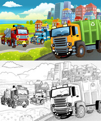cartoon scene with sketch of the middle of a city with car driving by - illustration © honeyflavour