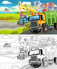 cartoon scene with sketch of the middle of a city with car driving by - illustration