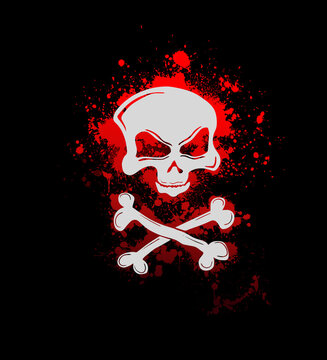 Skull red with bones. Bloody stains. Vector illustration
