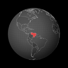 Dark globe centered to Venezuela. Country highlighted with red color on world map. Satellite world projection. Modern vector illustration.