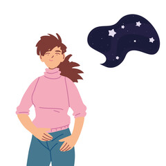 brown hair woman cartoon with night bubble vector design