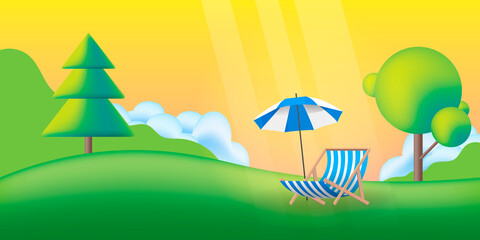 Nature, summer landscape with green trees, lawn, Beach chair and umbrella. Vector flat illustration.