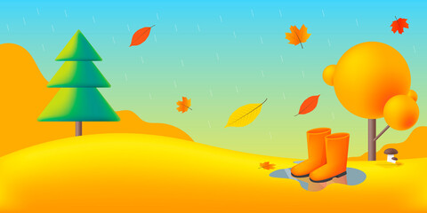 Nature, autumn landscape with yellow trees, rubber boots and mushrooms. Vector flat illustrations.