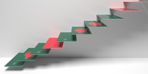 Flag of Bangladesh on plastic bank cards as stairs of a staircase. Consumer loans related 3D rendering