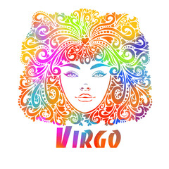 Sign of the maiden zodiac. The colorful face of a beautiful girl. T-shirt printing. Mixed media. Vector illustration