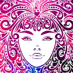 The stylized face of a beautiful girl full-face. Girl With Purple Hair. T-shirt printing. Mixed media. Vector illustration