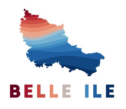 Belle Ile map. Map of the island with beautiful geometric waves in red blue colors. Vivid Belle Ile shape. Vector illustration.