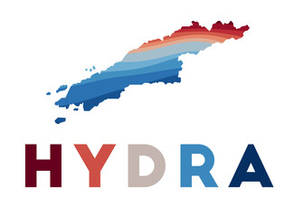 Hydra map. Map of the island with beautiful geometric waves in red blue colors. Vivid Hydra shape. Vector illustration.