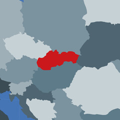 Shape of Slovakia in the context of neighbor countries. Country highlighted with red color on world map. Slovakia map template. Vector illustration.