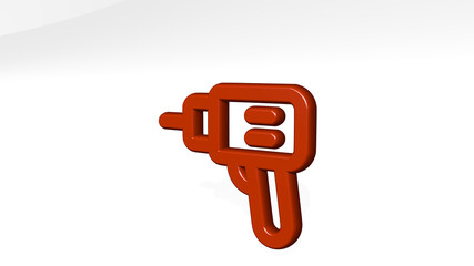 power tools drill made by 3D illustration of a shiny metallic sculpture with the shadow on light background. energy and concept