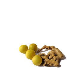 Ginger with lemons on white background with ideal space to add text. ingredients to prepare tea