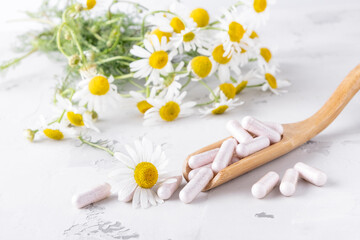 Alternative medicine, naturopathy and dietary supplement. Herbal remedy in capsules and plants.
