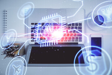 Multi exposure of data theme drawing hologram over topview work desk background with computer. Concept of technology.